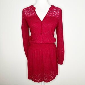 Leifnotes Anthropologie Womens Red Lace Crochet Long Sleeve Mini Dress Size S
